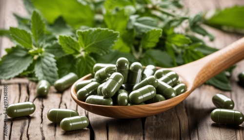 A wooden spoon filled with green pills