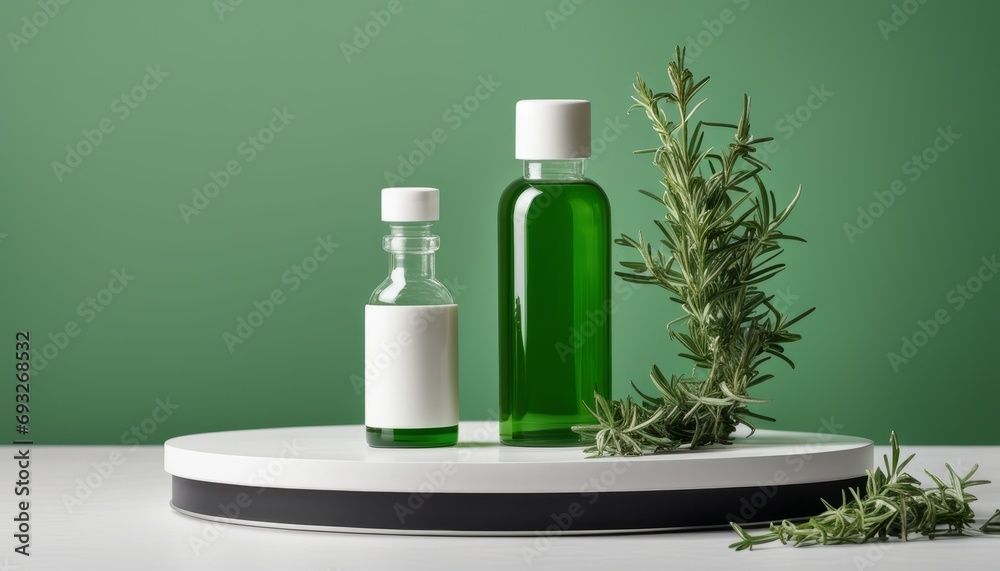 A bottle of green liquid and a small bottle of green liquid on a white plate A bottle of green liquid and a small bottle of green liquid on a white plate