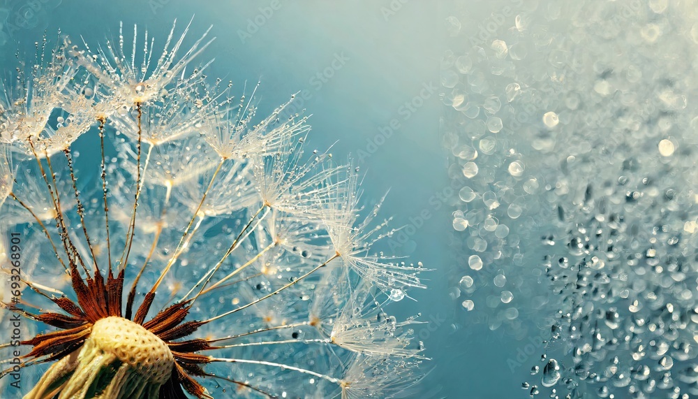 Obraz premium Dandelion seeds on blue with droplets.