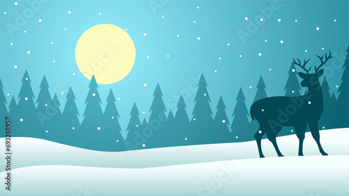 Winter silhouette landscape vector illustration. Scenery of reindeer silhouette in the pine forest snow hill. Cold season landscape for illustration, background or wallpaper