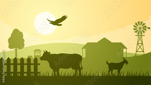 Farmland silhouette landscape vector illustration. Scenery of livestock cow and goat in the countryside farm. Rural landscape for illustration, background or wallpaper