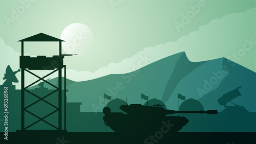 Military base landscape vector illustration. Silhouette of at military base with tank and watchtower. Military landscape for background, wallpaper or illustration. Barrack army and turret gun photo