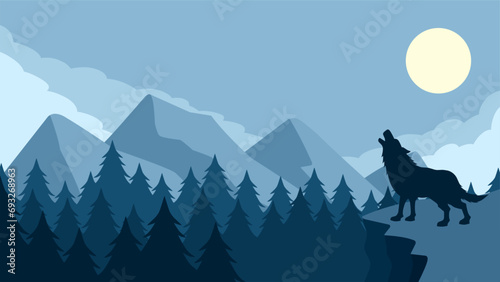 Wildlife wolf landscape vector illustration. Scenery of wolf howling silhouette in the cliff. Wolf wildlife landscape for illustration  background or wallpaper