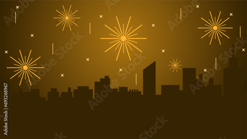 New year cityscape vector illustration. Scenery of city with sparkling fireworks in new year event. City landscape for illustration, background or wallpaper. City silhouette in the firework festival