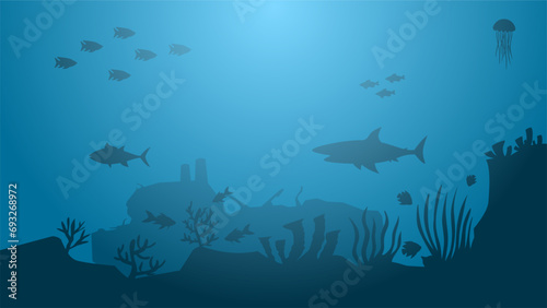 Seascape vector illustration. Scenery of shipwreck in the bottom sea with fish and coral reef. Sea world landscape for illustration, background or wallpaper