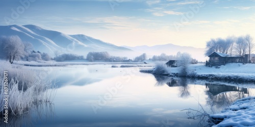The scene is peaceful and serene, capturing the beauty of nature in its chilly, 