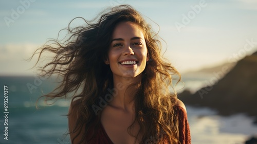 portrait of happy casual young woman smiling with sea and beach photo