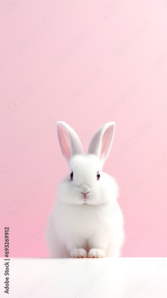 Cute white rabbit on pink background, easter concept, copy space