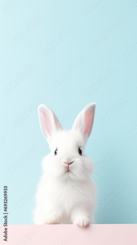 Cute white bunny on pastel blue background with copy space.