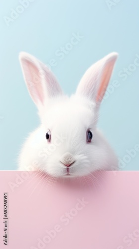 Cute white rabbit on pastel blue background. Easter concept.