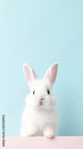 Cute white bunny on pastel blue background with copy space.