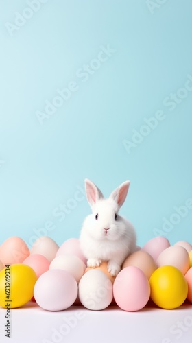 White rabbit and colorful easter eggs on pastel blue background. © tashechka