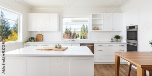 Contemporary white kitchen in new home. © Lasvu