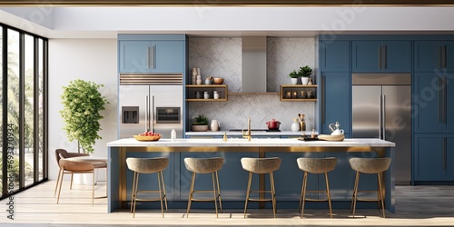  a big kitchen with a blue splashback, metallic bar stools, large fridge hood, and island. photo
