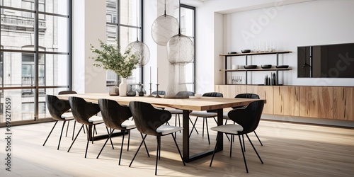 Contemporary white apartment with modern dining room featuring wooden table and black chairs. photo