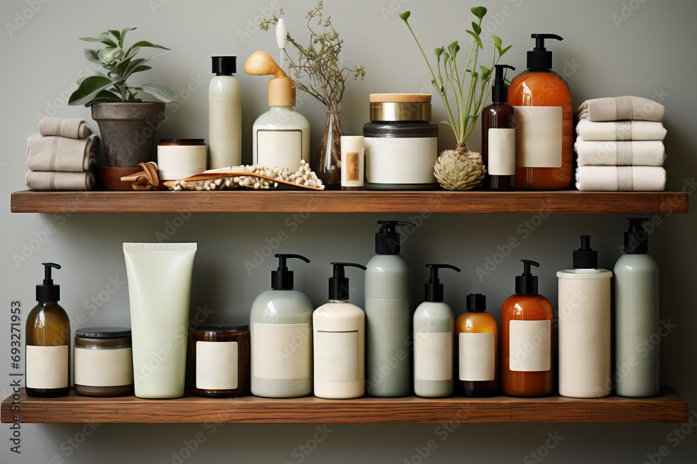 A bathroom shelf showcasing a line-up of clean, sustainable beauty products. A bathroom shelf showcasing a line-up of clean, sustainable beauty products.
