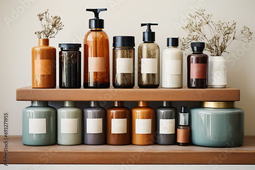 A bathroom shelf showcasing a line-up of clean, sustainable beauty products.