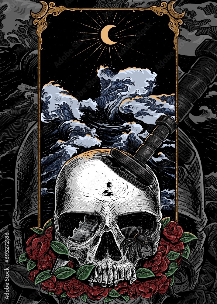 Fototapeta premium Skull and waves artwork line art