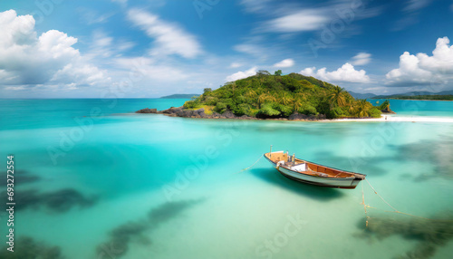 Serenity captured: Boat in turquoise ocean, framed by blue sky, white clouds, and a tropical island in the backdrop © Your Hand Please