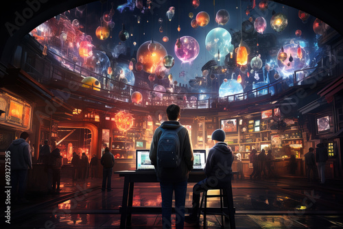 A futuristic marketplace where avatars are interacting and trading digital assets.