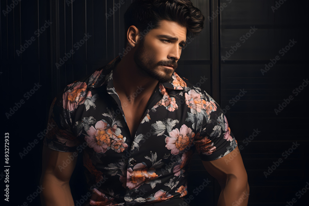 Attractive, charming male model dons a stylish black shirt with floral prints, radiating charisma and modern elegance Attractive, charming male model dons a stylish black shirt with floral prints, radiating charisma and modern elegance