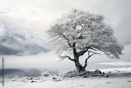 A lone tree heavily laden with snow.
