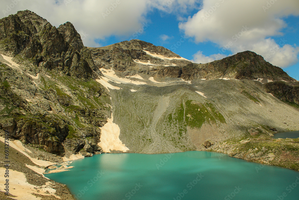 Sofia lake, view from the Irkiz pass in the Caucasus Mountains, Arkhyz, Russia Sofia lake, view from the Irkiz pass in the Caucasus Mountains, Arkhyz, Russia