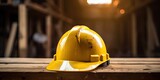 construction worksite health and safety yellow helmet on wooden table, generative AI