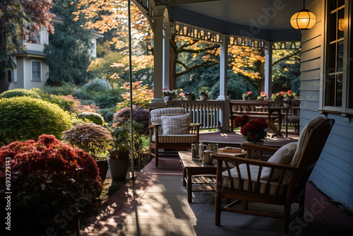 A quaint bed and breakfast front porch.