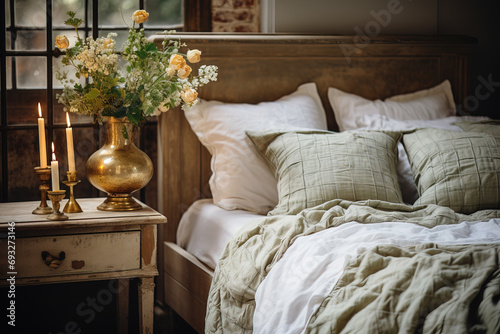 A cozy, rustic bedroom with a flower arrangement and candles, invoking a sense of warmth and comfort.