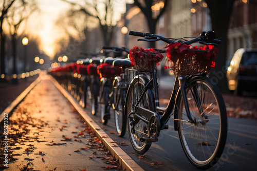 A row of bicycles adorned with Christmas wreaths, part of a city bike tour. photo
