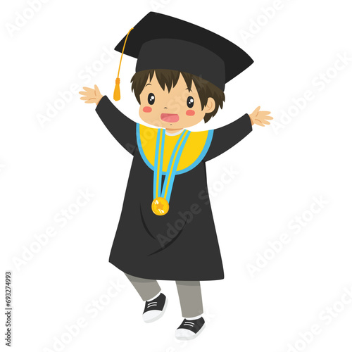 Graduate boy student character vector. Happy little boy graduate wearing graduation hat and gown, smiling and jumping.