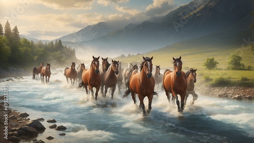 beautiful horses crossing a river  photo