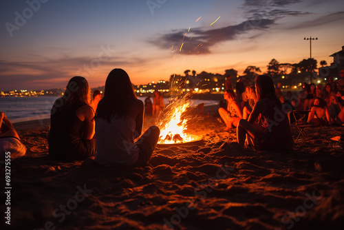Friends gather around a bonfire on the beach at dusk, enjoying the warmth and camaraderie.