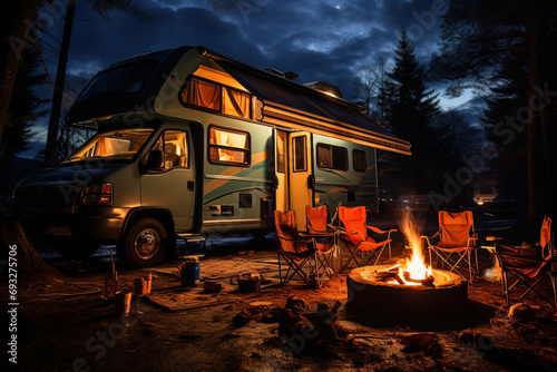A cozy campfire scene outside an RV in a forest setting at dusk, embodying the spirit of adventure.