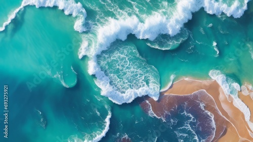 Waves in the sea. Aerial view of ocean waves. Top view from above. Drone photography. Beautiful seascape.