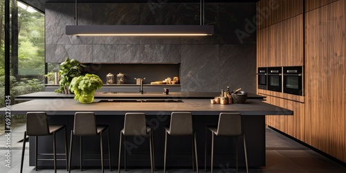 The contemporary kitchen features natural veneer facades and anthracite painting. photo