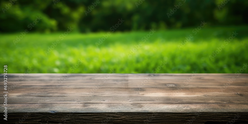 Abstract concept with empty space for text - corner of old wooden table against green grass background. Abstract concept with empty space for text - corner of old wooden table against green grass background.