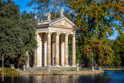 Temple of Aesculapius ancient building view at the lake of Villa Borghese