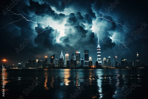 Cloud-to-ground lightning behind a silhouette of skyscrapers.