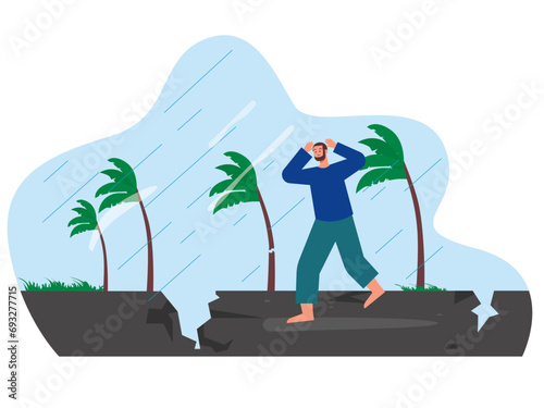 Man run away from the wind. Survival illustrations.