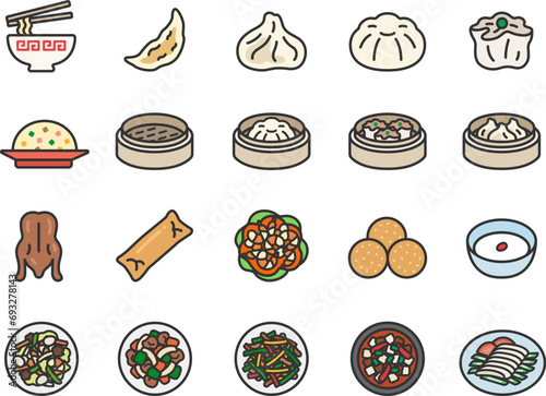 いろいろな、中華料理のアイコン（線画カラー）のイラストセット
