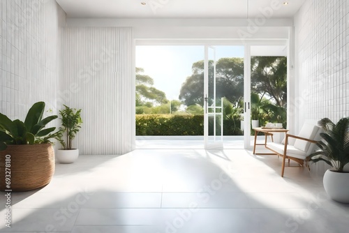 Modern white . There are white tile wall and floor.The room has large open door looking out to the tropical garden