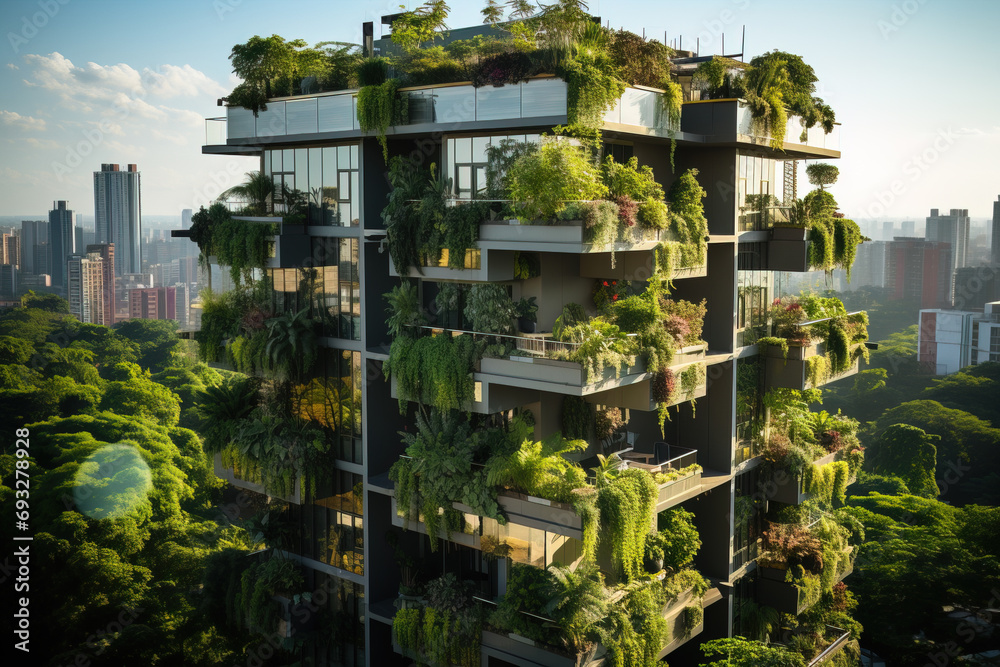 Modern eco-friendly building with lush vertical gardens and city skyline in the background.