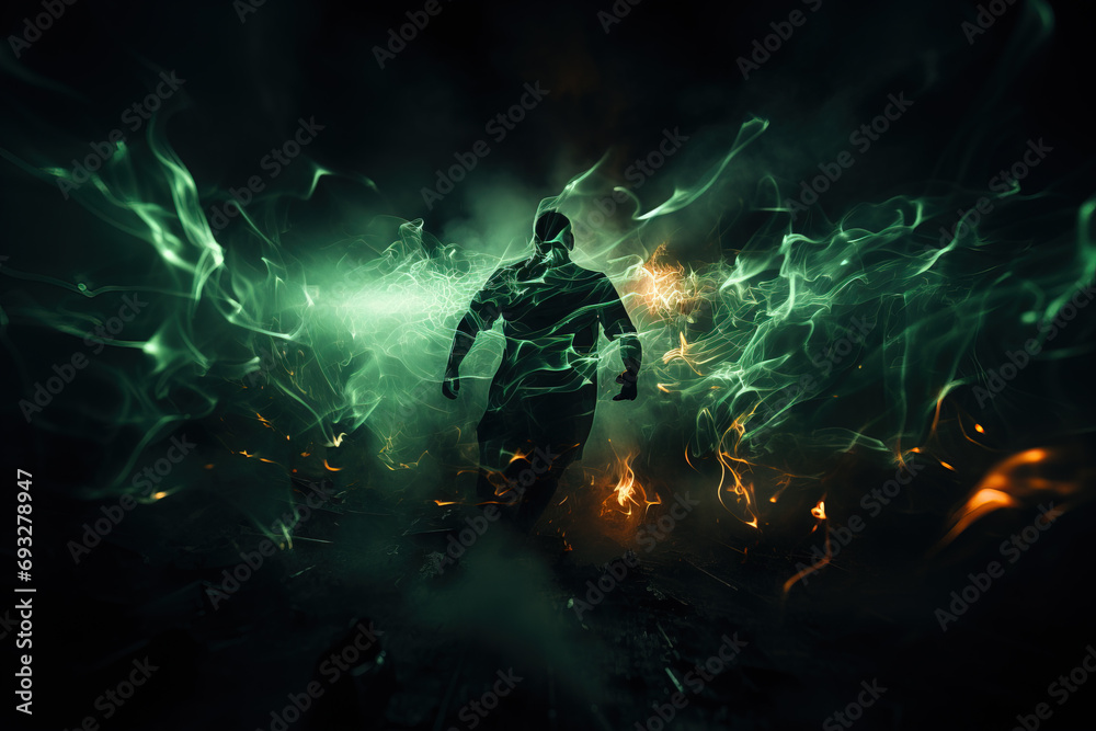 An abstract figure shrouded in vibrant green and orange energy, suggesting dynamic motion or transformation. An abstract figure shrouded in vibrant green and orange energy, suggesting dynamic motion or transformation.