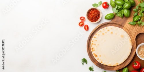 Table top view of wooden pizza board and ingredients on white concrete background. Perfect for text, recipe, and menu.