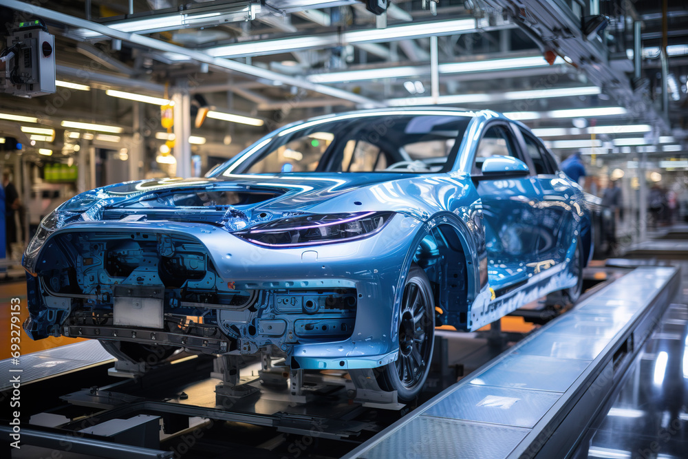 An automotive factory line with a partially assembled car showing the intricate detail of the manufacturing process. An automotive factory line with a partially assembled car showing the intricate detail of the manufacturing process.