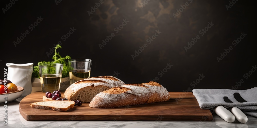 Modern kitchen table with board, knife, and toasts.
