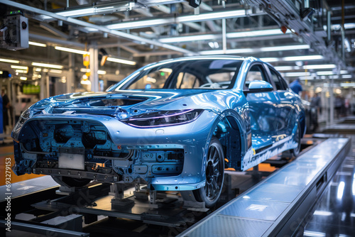 An automotive factory line with a partially assembled car showing the intricate detail of the manufacturing process.