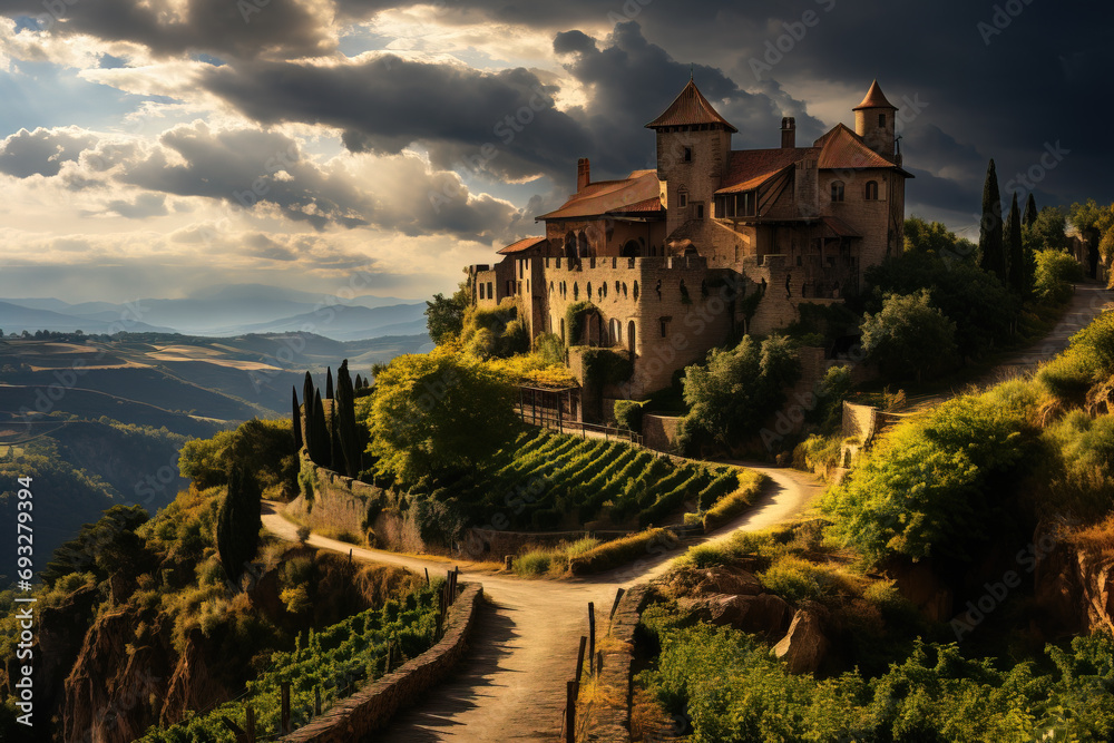 Sunlit castle with vineyards stretching into the distance, under a dynamic sky.